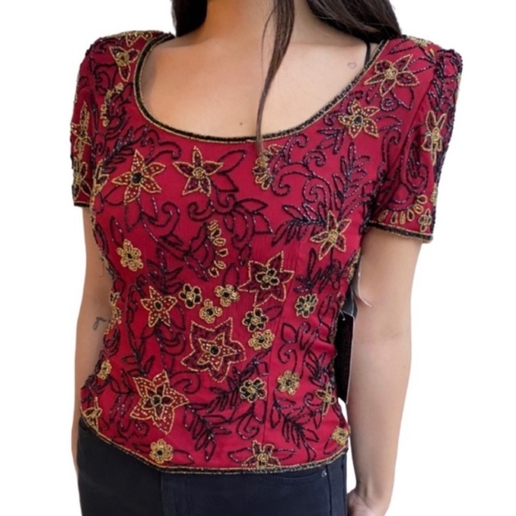 Papell Boutique Silk Beaded Short Sleeve Blouse - Picture 2 of 7